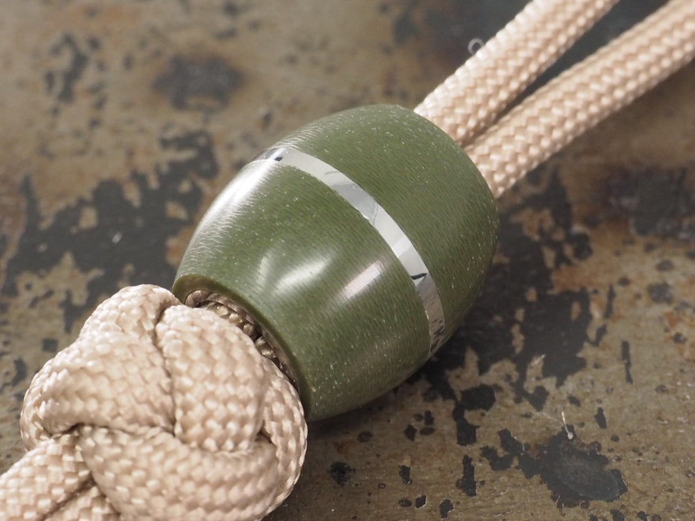 Handmade Barrel Bead for Paracord or Leather Lanyards - 14mm dia. x 15mm - Olive Drab Green G10 & 304 Stainless Steel