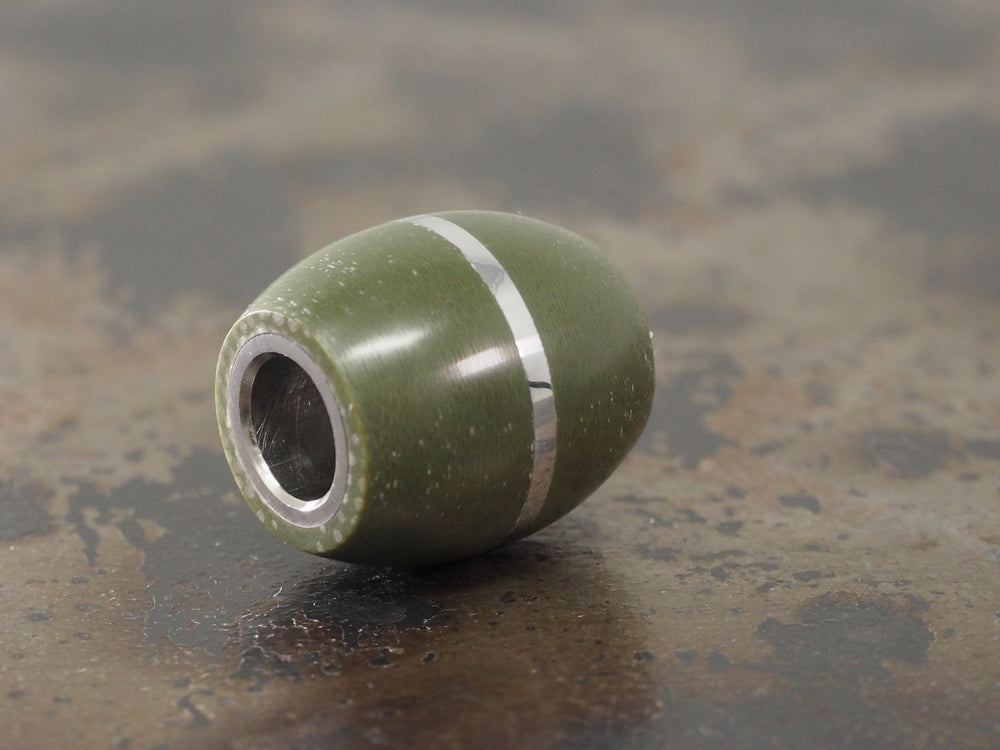Handmade Barrel Bead for Paracord or Leather Lanyards - 14mm dia. x 15mm - Olive Drab Green G10 & 304 Stainless Steel
