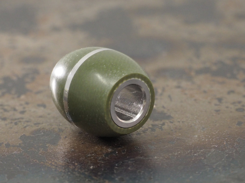 Handmade Barrel Bead for Paracord or Leather Lanyards - 14mm dia. x 15mm - Olive Drab Green G10 & 304 Stainless Steel