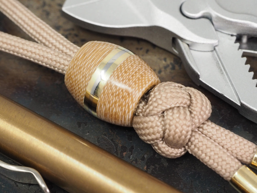 Handmade Barrel Bead for Paracord or Leather Lanyards - 14mm dia. x 15mm - Coyote Brown Canvas Micarta, Brass & 304 Stainless Steel