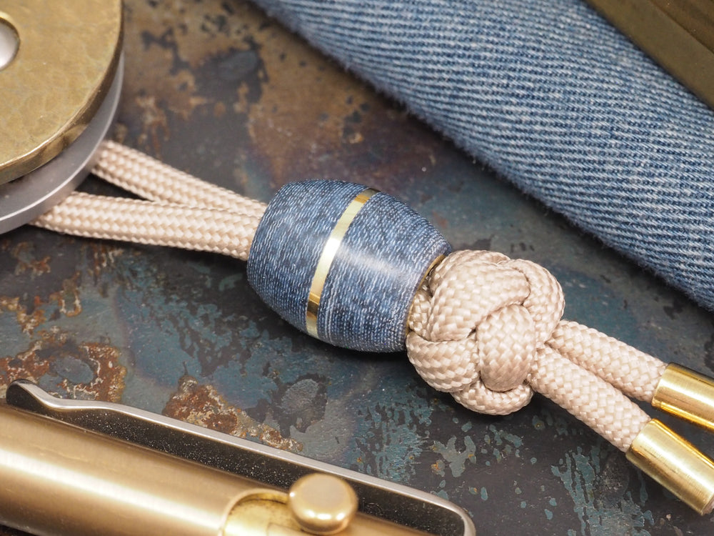 Handmade Barrel Bead for Paracord or Leather Lanyards - 14mm dia. x 15mm - Blue Denim Micarta & Brass