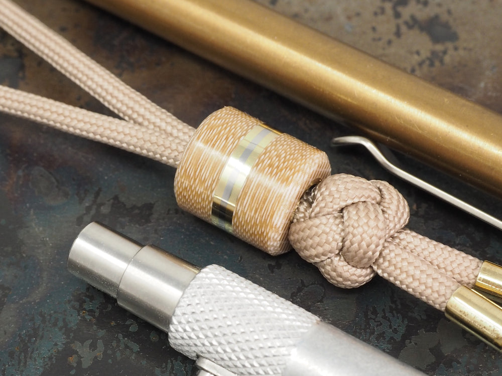 Handmade Drum Bead for Paracord or Leather Lanyards - 14mm dia. x 15mm - Coyote Brown Canvas Micarta, Brass & 304 Stainless Steel