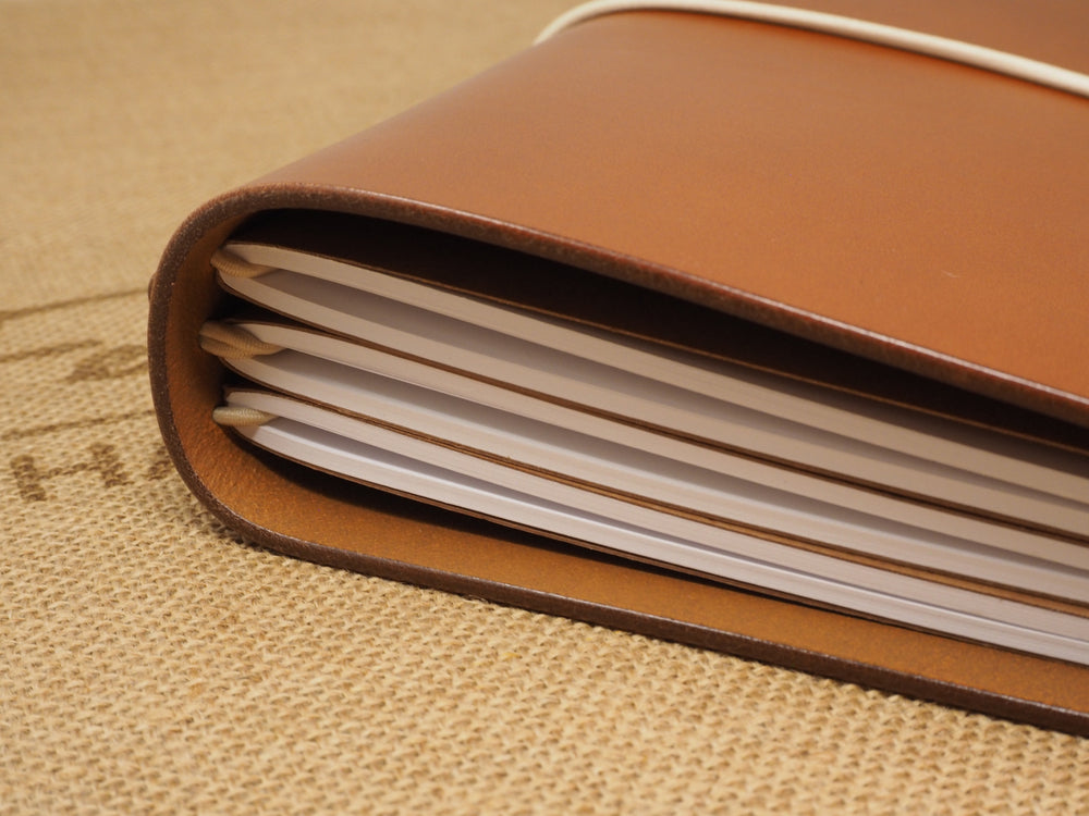 Handmade 'Explorer 4' Leather Traveler's / Travellers Notebook Cover (without page marker)  - Generic A5 14.8x21cm - Cognac Tan & Beige