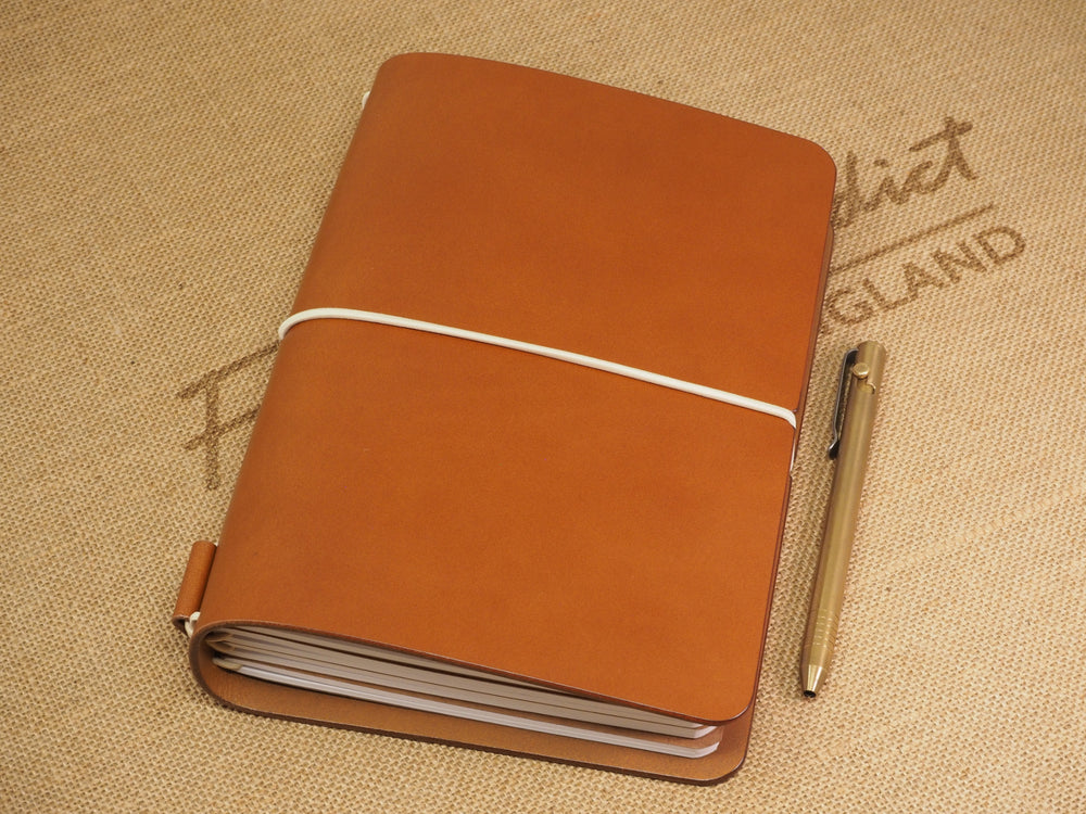 Handmade 'Explorer 4' Leather Traveler's / Travellers Notebook Cover (without page marker)  - Generic A5 14.8x21cm - Cognac Tan & Beige