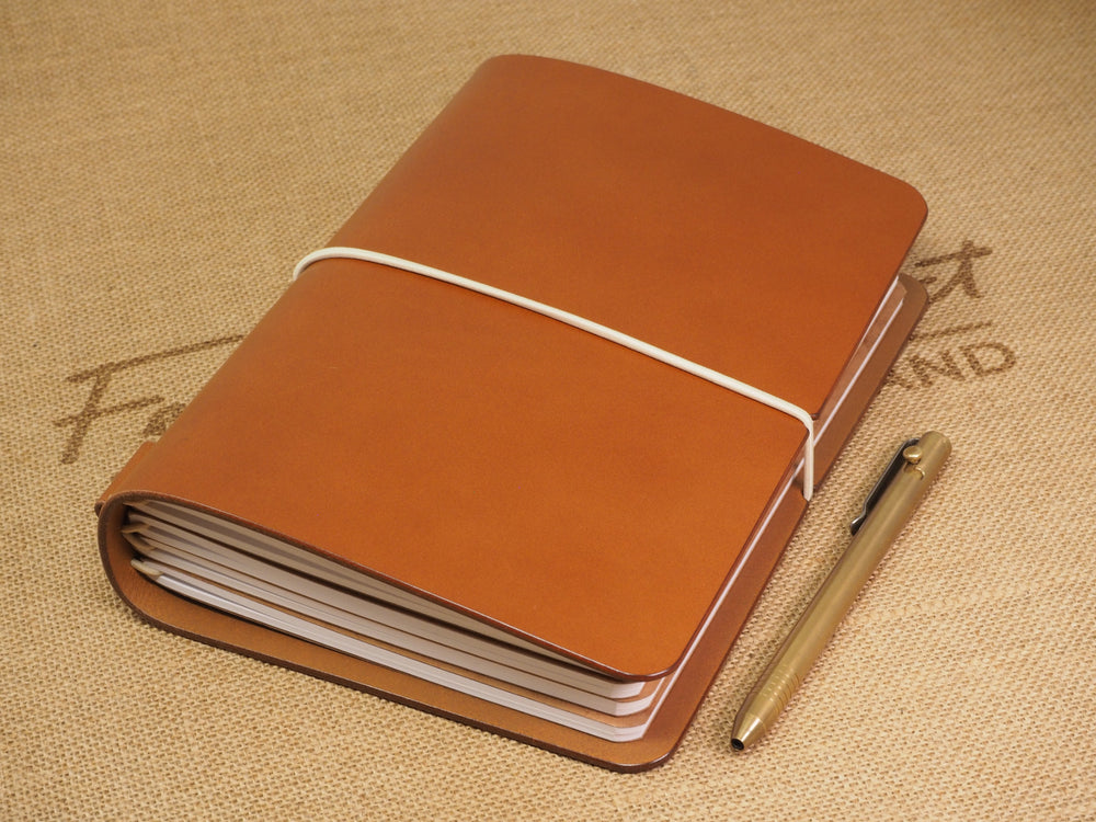 Handmade 'Explorer 4' Leather Traveler's / Travellers Notebook Cover (without page marker)  - Generic A5 14.8x21cm - Cognac Tan & Beige