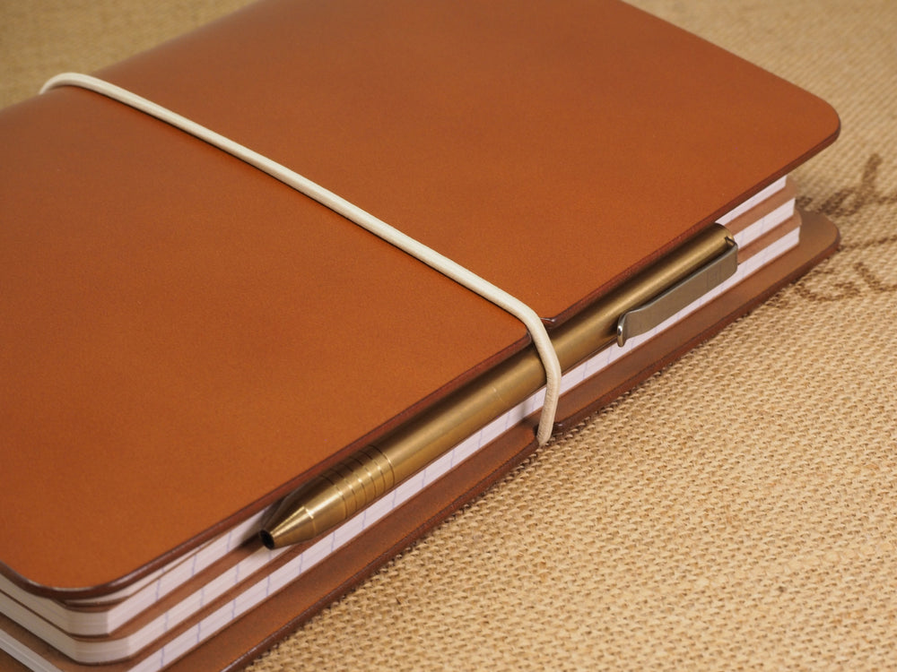 Handmade 'Explorer 4' Leather Traveler's / Travellers Notebook Cover (without page marker)  - Generic A5 14.8x21cm - Cognac Tan & Beige