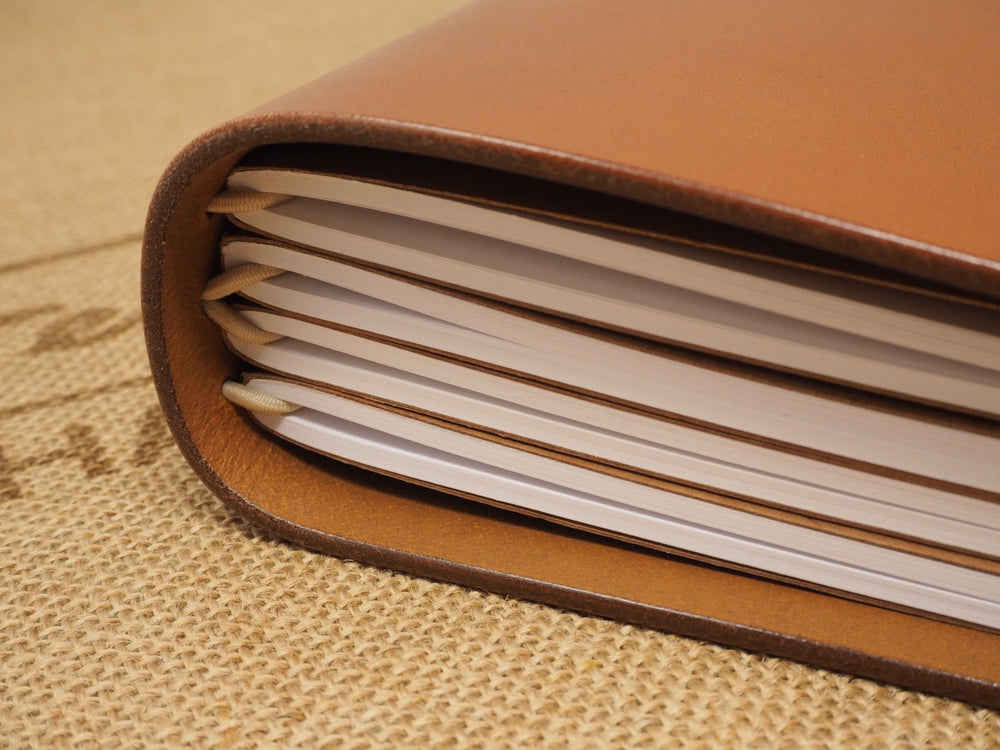Handmade 'Explorer 4' Leather Traveler's / Travellers Notebook Cover (without page marker)  - Generic A5 14.8x21cm - Cognac Tan & Beige