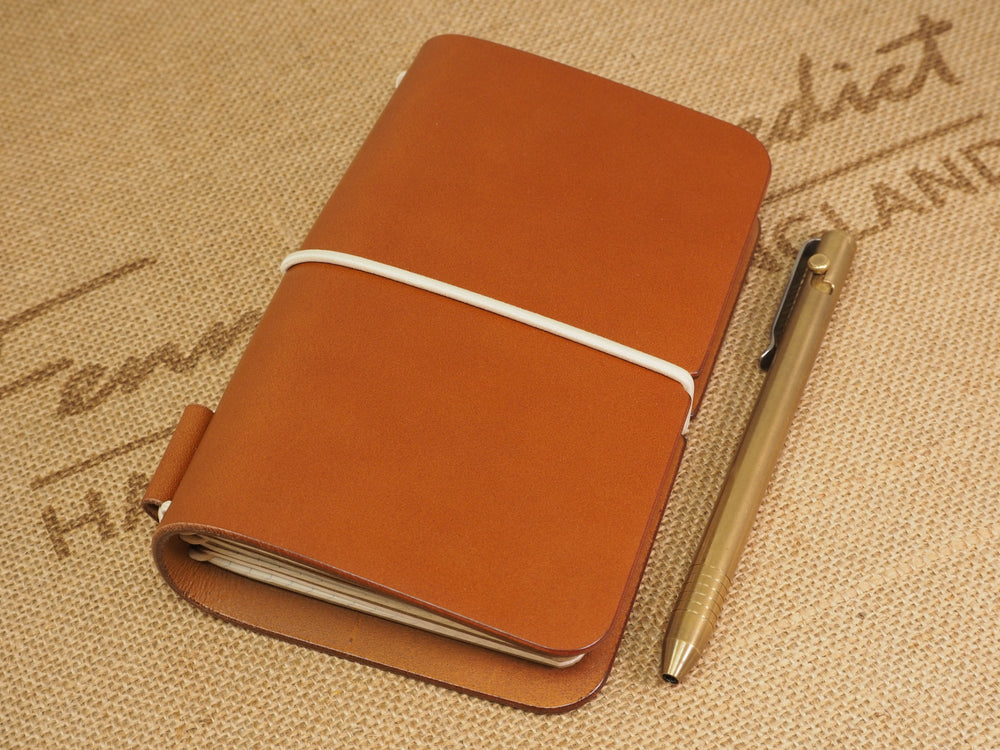 Handmade 'Explorer 4' Leather Traveler's / Travellers Notebook Cover (without page marker) - Moleskine Pocket / Field Notes 9x14cm- Cognac Tan & Beige