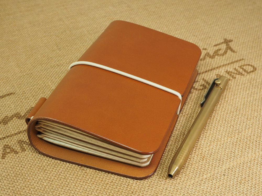 Handmade 'Explorer 4' Leather Traveler's / Travellers Notebook Cover (without page marker) - Moleskine Pocket / Field Notes 9x14cm- Cognac Tan & Beige
