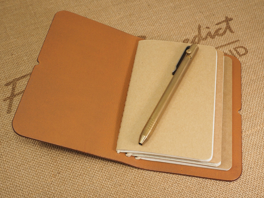 Handmade 'Explorer 4' Leather Traveler's / Travellers Notebook Cover (without page marker) - Moleskine Pocket / Field Notes 9x14cm- Cognac Tan & Beige