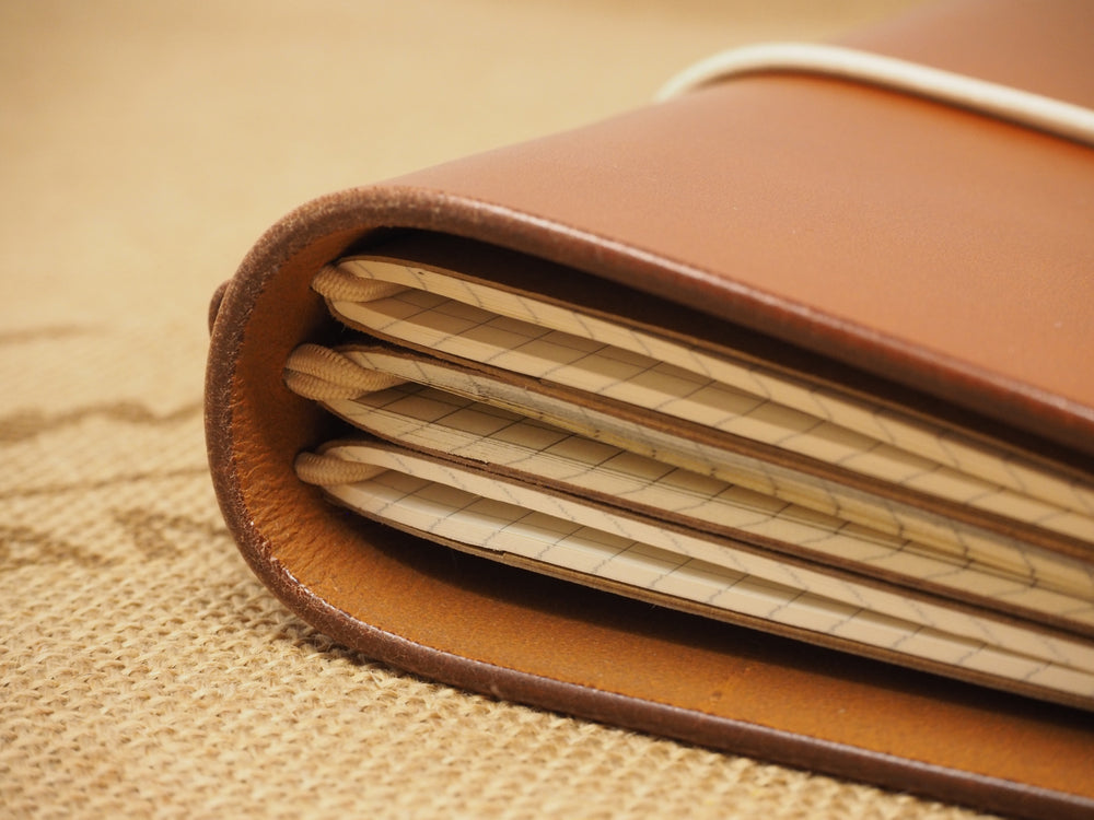 Handmade 'Explorer 4' Leather Traveler's / Travellers Notebook Cover (without page marker) - Moleskine Pocket / Field Notes 9x14cm- Cognac Tan & Beige