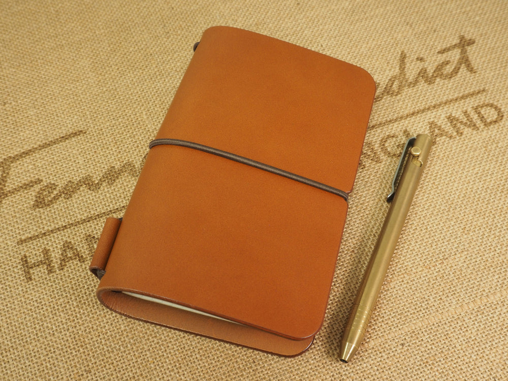 Handmade 'Explorer 4' Leather Traveler's / Travellers Notebook Cover (without page marker) - Moleskine Pocket / Field Notes 9x14cm- Cognac Tan & Dark Brown