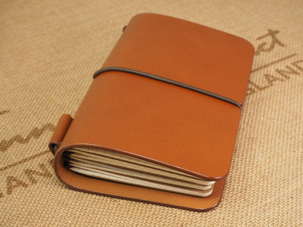 Handmade 'Explorer 4' Leather Traveler's / Travellers Notebook Cover (without page marker) - Moleskine Pocket / Field Notes 9x14cm- Cognac Tan & Dark Brown
