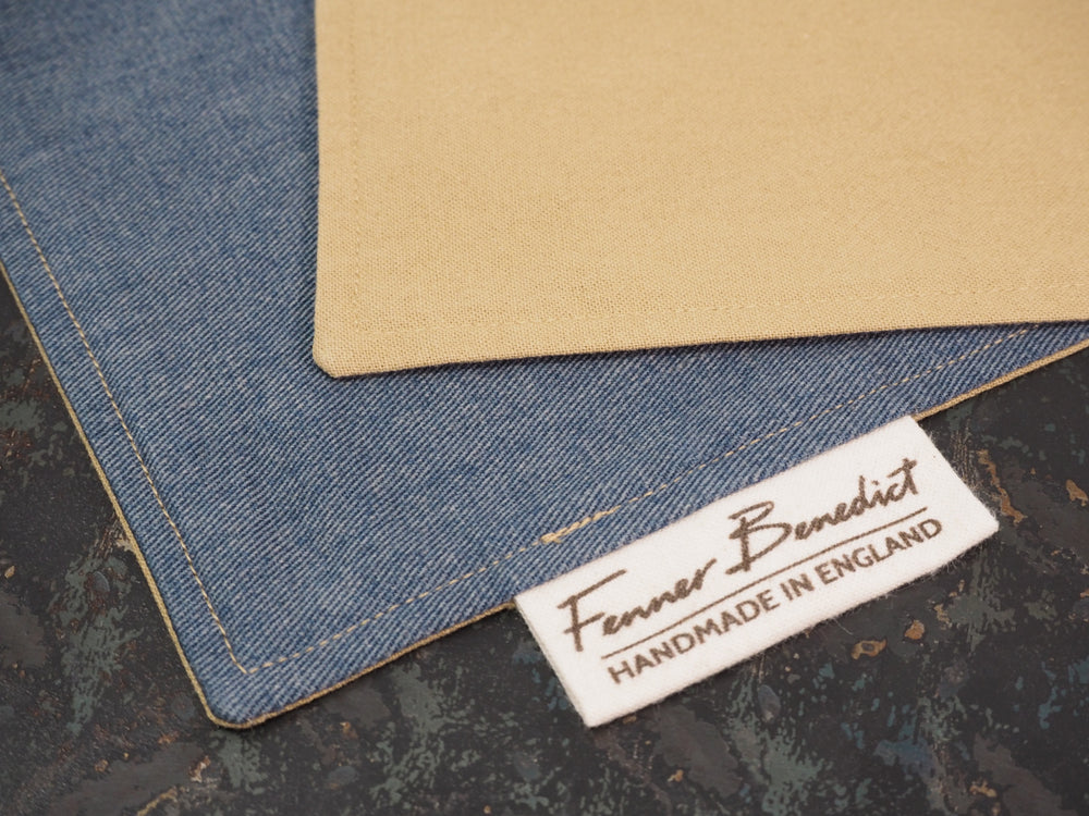 Handcrafted Gentleman's Pocket Handkerchief - 250x250mm 10x10" - 100% Cotton Vintage Blue Denim & Beige with Calico Label