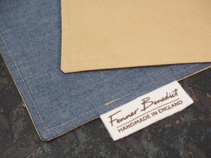 Handcrafted Gentleman's Pocket Handkerchief - 250x250mm 10x10" - 100% Cotton Vintage Blue Denim & Beige with Calico Label