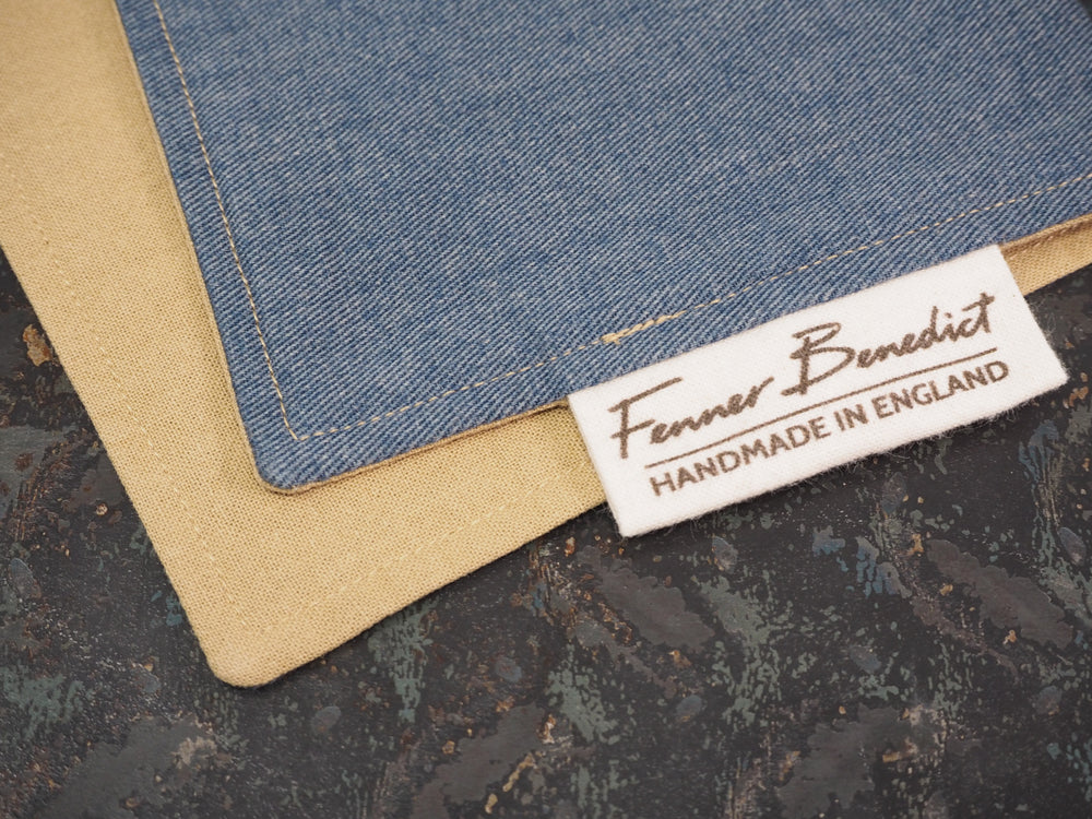 Handcrafted Gentleman's Pocket Handkerchief - 250x250mm 10x10" - 100% Cotton Vintage Blue Denim & Beige with Calico Label
