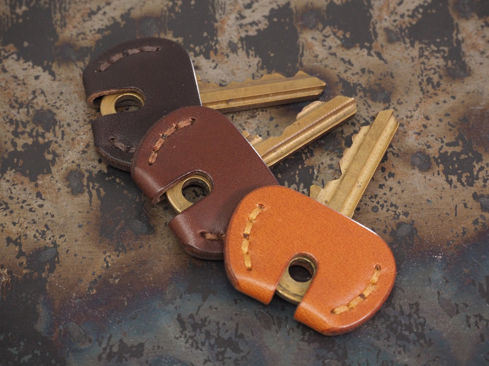 Handcrafted Leather Traditional Style Yale Door Key Covers  - SET OF 3 - Cognac Tan / Chestnut Brown / Dark Brown