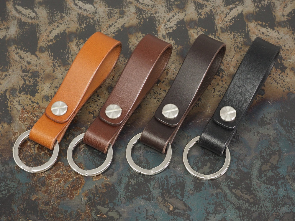 Handmade Leather Loop Keyring with Nickel & Stainless Steel Hardware - Veg-Tan Leather - Cognac/Chestnut/Dark Brown/Black