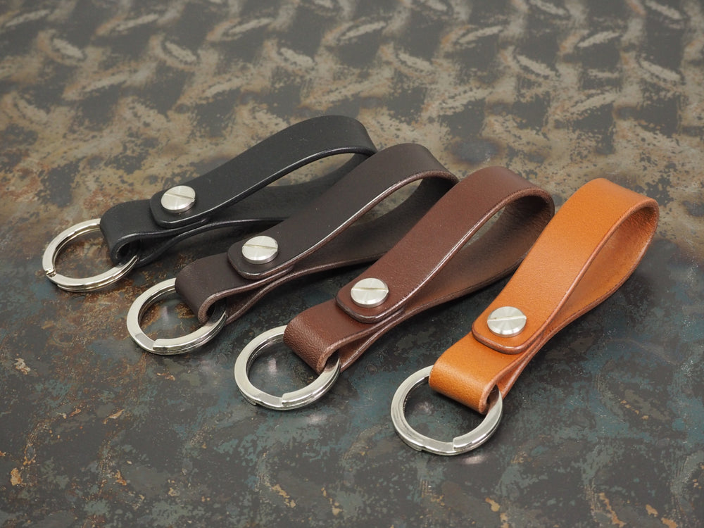 Handmade Leather Loop Keyring with Nickel & Stainless Steel Hardware - Veg-Tan Leather - Cognac/Chestnut/Dark Brown/Black