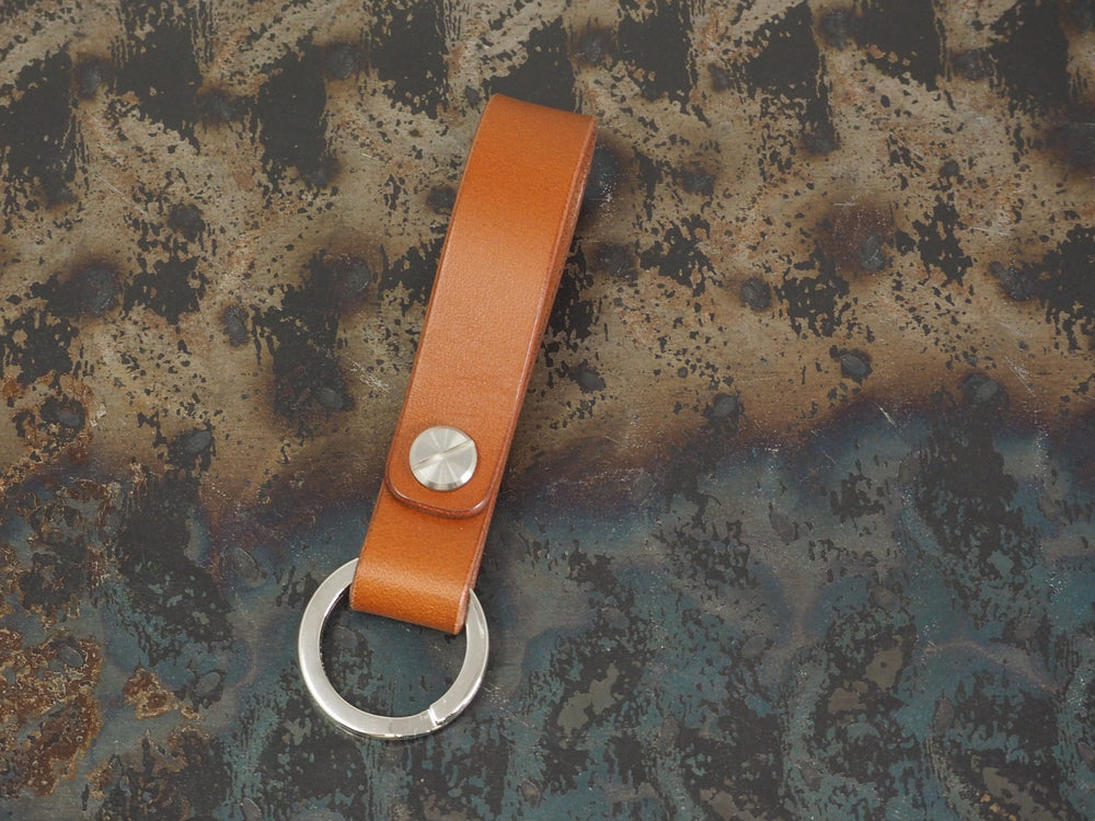 Handmade Leather Loop Keyring with Nickel & Stainless Steel Hardware - Veg-Tan Leather - Cognac/Chestnut/Dark Brown/Black