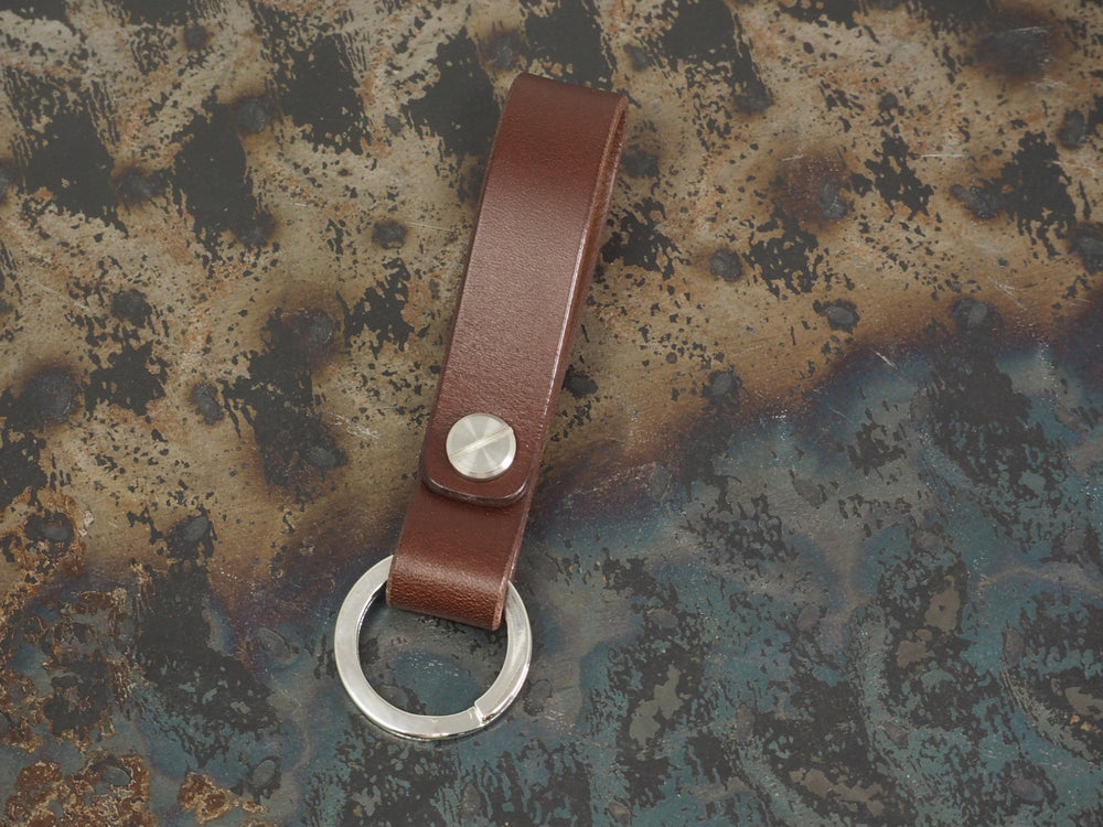 Handmade Leather Loop Keyring with Nickel & Stainless Steel Hardware - Veg-Tan Leather - Cognac/Chestnut/Dark Brown/Black
