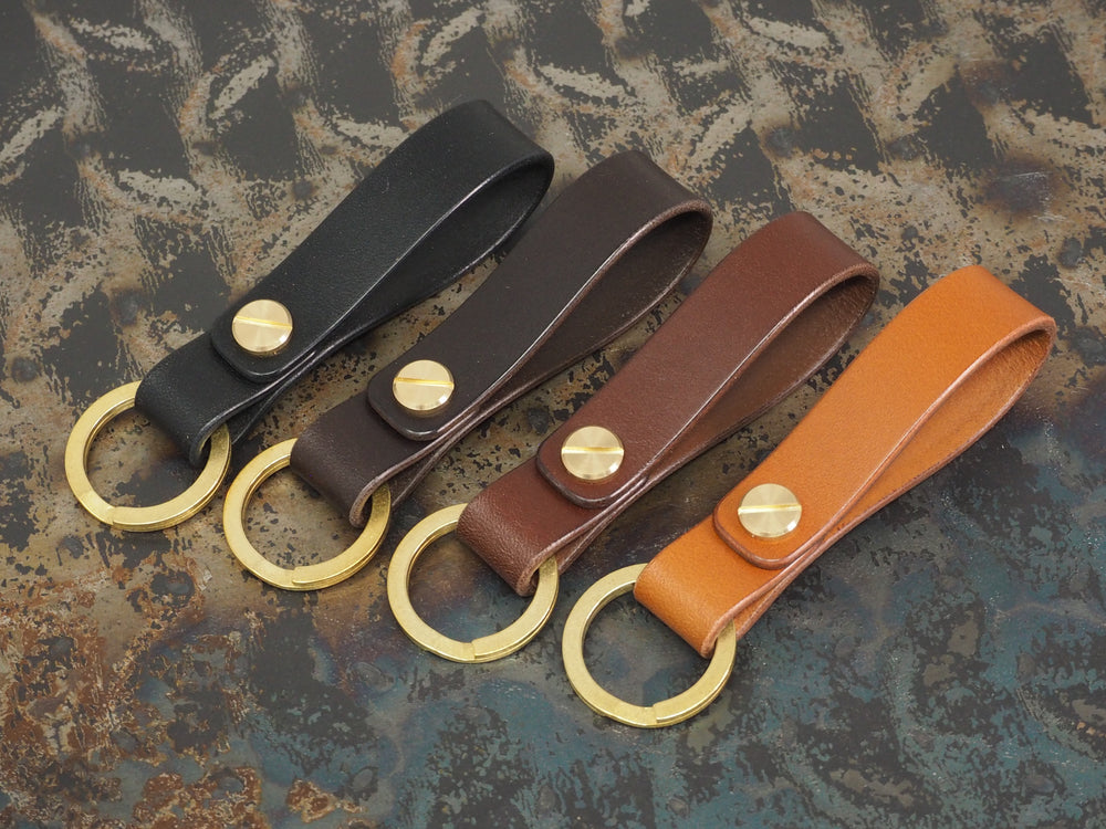 Handmade Leather Loop Keyring with Solid Brass Hardware - Veg-Tan Leather - Cognac/Chestnut/Dark Brown/Black