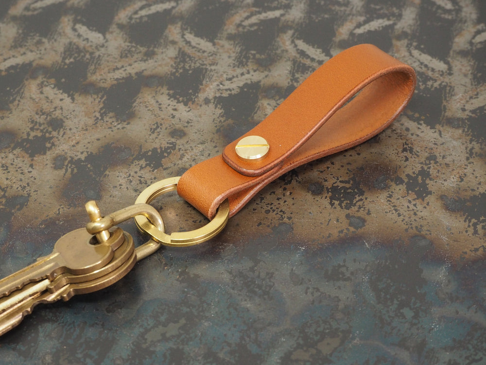Handmade Leather Loop Keyring with Solid Brass Hardware - Veg-Tan Leather - Cognac/Chestnut/Dark Brown/Black