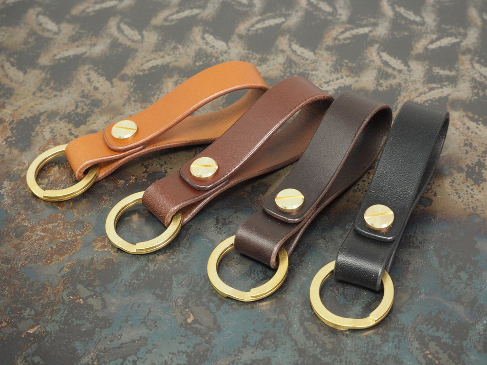 Handmade Leather Loop Keyring with Solid Brass Hardware - Veg-Tan Leather - Cognac/Chestnut/Dark Brown/Black