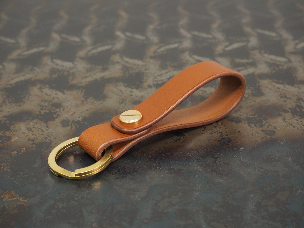 Handmade Leather Loop Keyring with Solid Brass Hardware - Veg-Tan Leather - Cognac/Chestnut/Dark Brown/Black