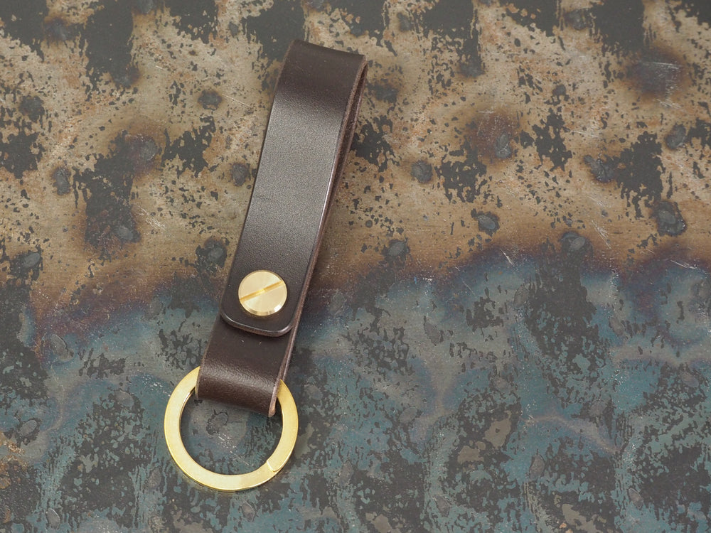 Handmade Leather Loop Keyring with Solid Brass Hardware - Veg-Tan Leather - Cognac/Chestnut/Dark Brown/Black