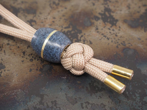 Handmade Diamond Knot Paracord Lanyard Keyring with Barrel Bead (14mm dia. x 15mm) and split ring - Beige Paracord with Blue Denim Micarta & Brass Bead