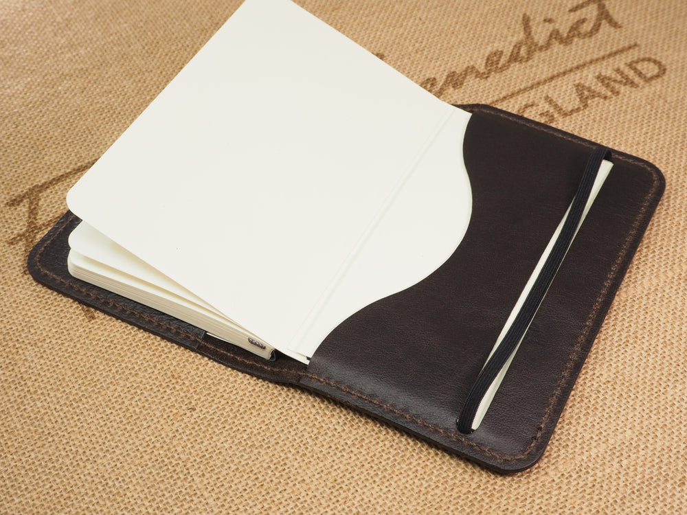 
            
                Load image into Gallery viewer, Handmade &amp;#39;VIP&amp;#39; Leather Notebook Cover - for: Moleskine Classic Softcover Pocket 9x14cm - Dark Chocolate Brown
            
        
