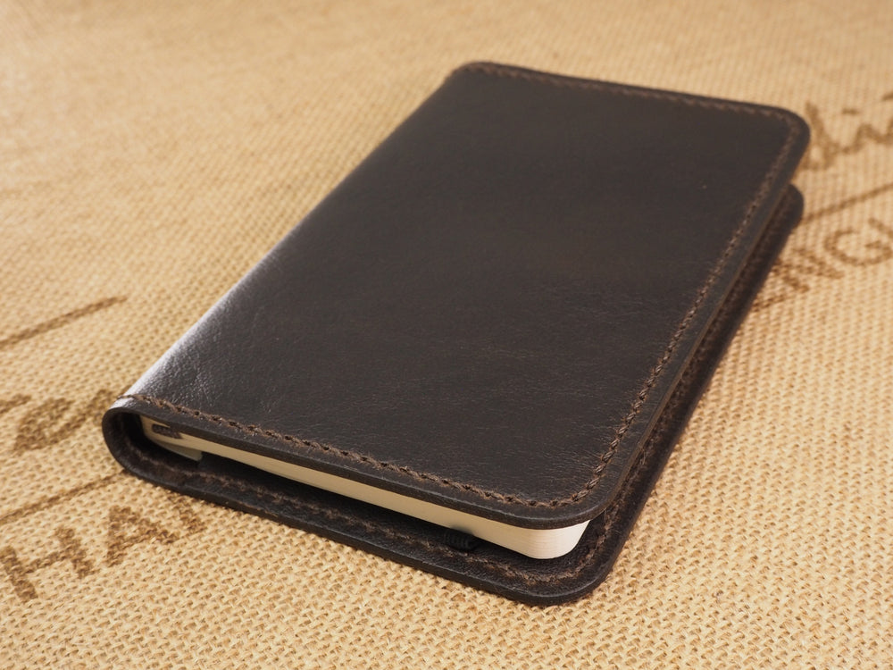 
            
                Load image into Gallery viewer, Handmade &amp;#39;VIP&amp;#39; Leather Notebook Cover - for: Moleskine Classic Softcover Pocket 9x14cm - Dark Chocolate Brown
            
        