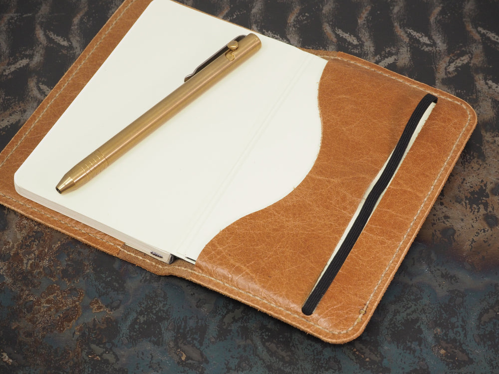 Handmade 'VIP' Leather Notebook Cover - for: Moleskine Classic Softcover Pocket 9x14cm - Old English Tan w/ Natural Stitching