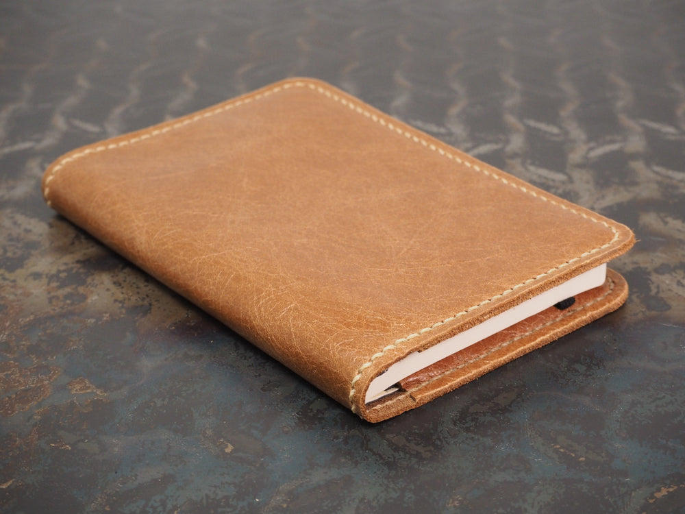 Handmade 'VIP' Leather Notebook Cover - for: Moleskine Classic Softcover Pocket 9x14cm - Old English Tan w/ Natural Stitching