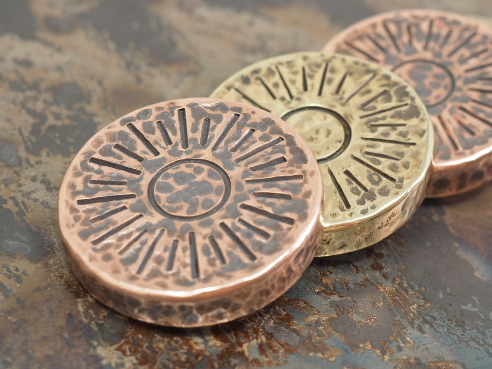 
            
                Load image into Gallery viewer, Handmade Hammered Coin - &amp;#39;Night vs Day&amp;#39; Design - Brass or Copper
            
        