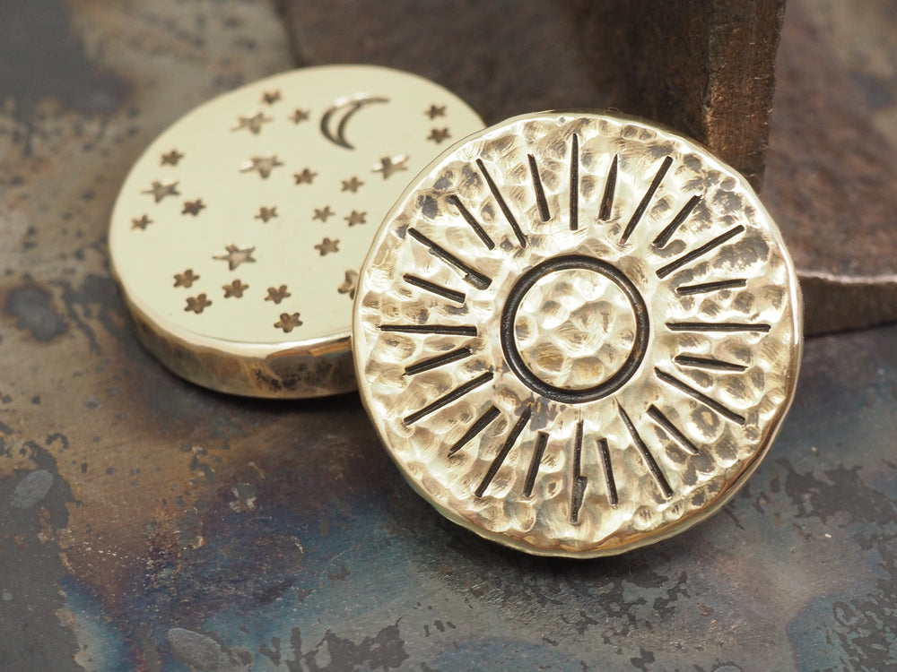 Handmade 'Night vs Day' Hammered EDC Coin / Worry Coin / Paperweight - 34mm Dia. x 6.5mm (1/4in) - Brass or Copper