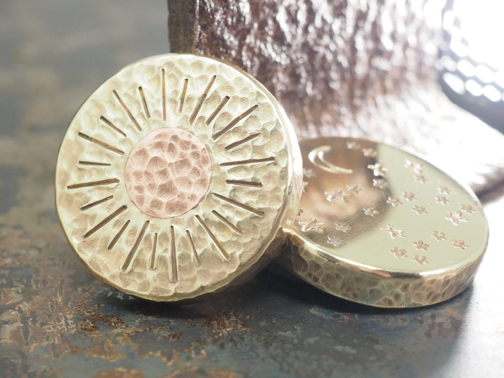 Handmade 'Night vs Day' Hammered EDC Coin / Worry Coin / Paperweight - 34mm Dia. x 6.5mm (1/4in) - Brass with Copper Centre