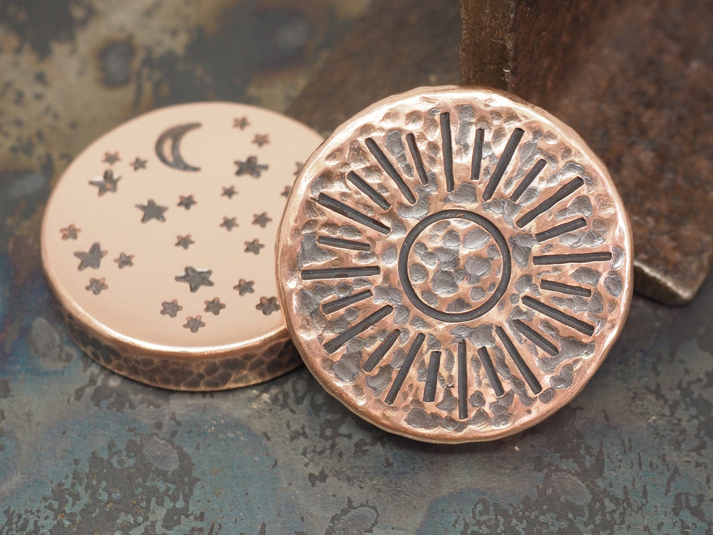 Handmade 'Night vs Day' Hammered EDC Coin / Worry Coin / Paperweight - 34mm Dia. x 6.5mm (1/4in) - Brass or Copper