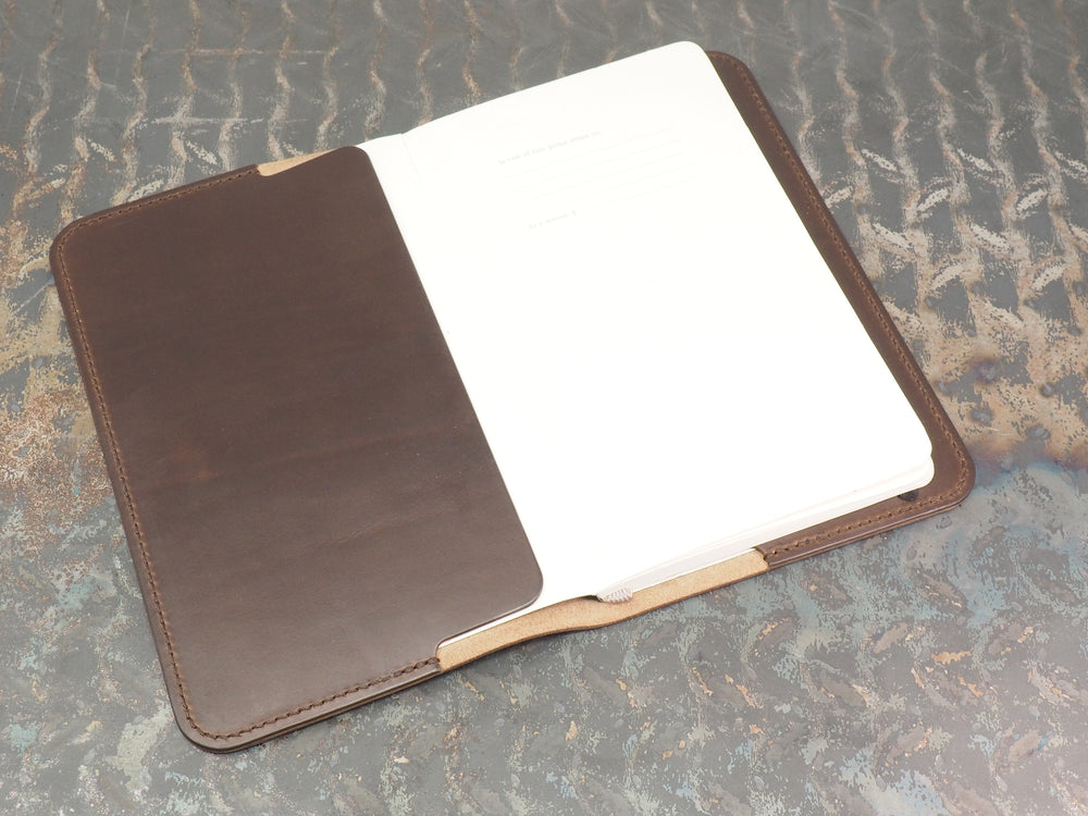 
            
                Load image into Gallery viewer, Handmade &amp;#39;The Playwright&amp;#39; Leather Notebook Cover - for Moleskine Classic Softcover Large 13x21cm - Dark Brown
            
        